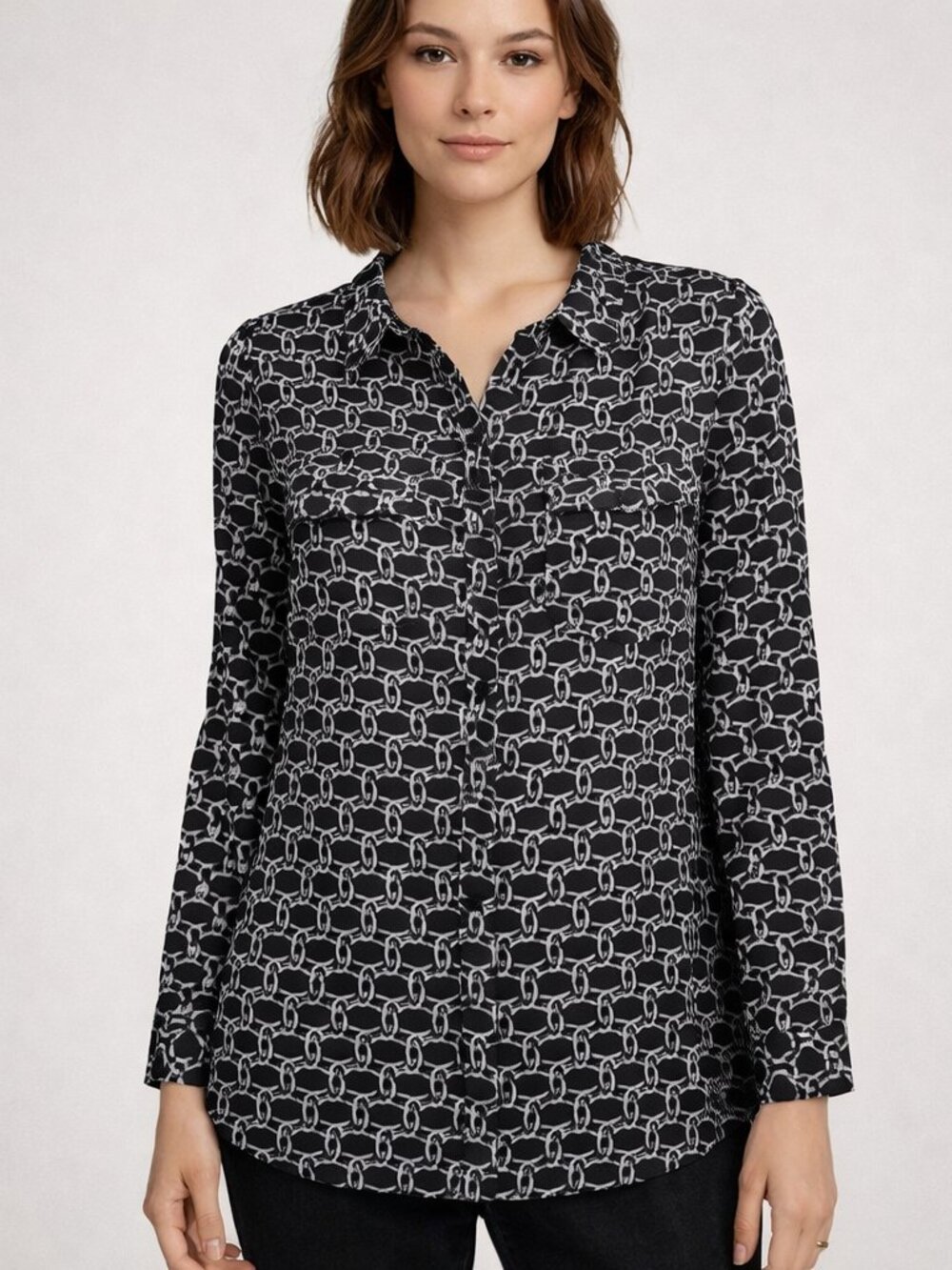 Lane Bryant Blouse Womens Plus 14 Black White Geometric Office Career Button Up